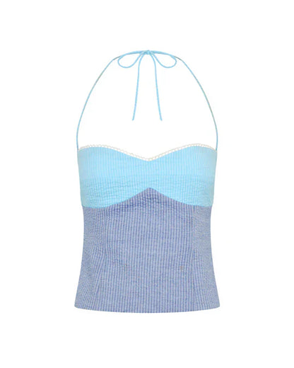 Blue Halter Lace-Up Corset Top