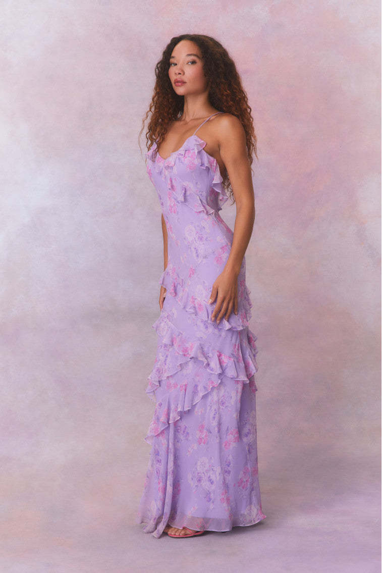 Enchanted Lavender Floral Ruffle Chiffon Maxi Dress - Moonlit Bloom