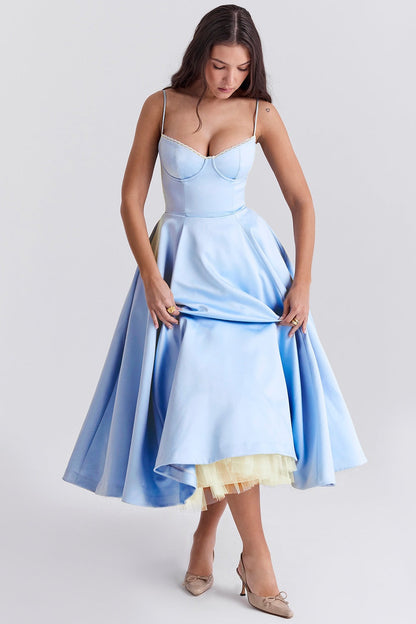 Sky Blue Satin Corset Midi Dress