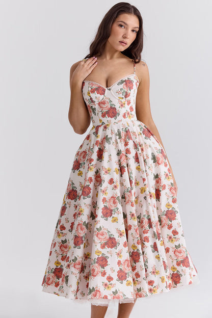 Floral Satin Corset Midi Dress