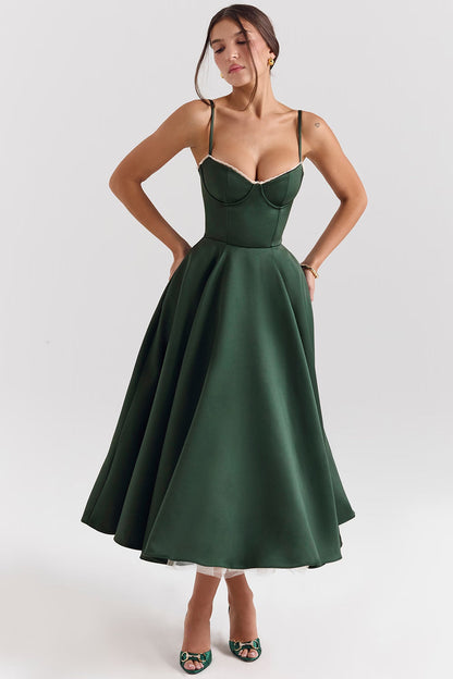 Green Satin Corset Midi Dress